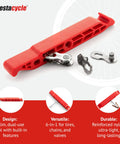 Close-up of red 4 In 1 Bike Tire Lever Tool Set for Road and Tubeless Rims with chain breaker and Presta valve core tool.
