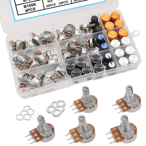 84 Piece Linear Rotary Potentiometer Kit With 5 Values B5K B10K B20K B50K B100K Ohm Top Adjustment Includes Plastic And Aluminum Knobs Nuts And Washers WH148 H023