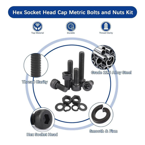 Heavy Duty 12.9 Grade Alloy Steel Hex Socket Screws Set, 2000 Piece Kit With Nuts And Washers, Metric M2 M3 M4 M5 Sizes, Rust Resistant Zinc Plated Fasteners In A Handy Classified Storage Case, black hex socket bolts and washers