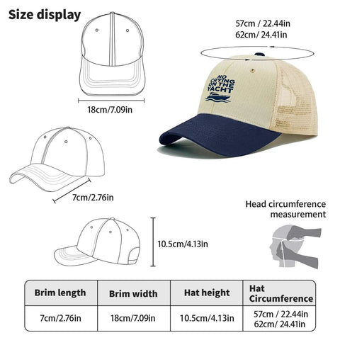 Yacht Vibe Womens Adjustable Sport Trucker Hat With Low Profile Fit Six Vent Eyelets Lightweight Breathable Comfort Distressed Look For Weekend Relaxing Family Pics Errands And Easy Everyday Style size display and measurements.
