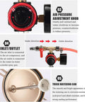 Detailed view of air pressure adjustment knob and inlet/outlet connections on Heavy Duty Four Gallon Air Pressure Paint Pot With Adjustable Pressure Gauge And Two Millimeter Tip For Slick Smooth Finishes On Large Workshop Jobs Without Any Hustle.