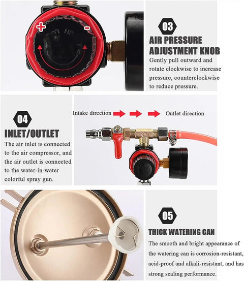 Detailed view of air pressure adjustment knob and inlet/outlet connections on Heavy Duty Four Gallon Air Pressure Paint Pot With Adjustable Pressure Gauge And Two Millimeter Tip For Slick Smooth Finishes On Large Workshop Jobs Without Any Hustle.