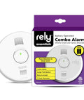 Front view of battery operated combo smoke and carbon monoxide alarm with siren voice alerts and LED indicators in packaging. Model 5300.