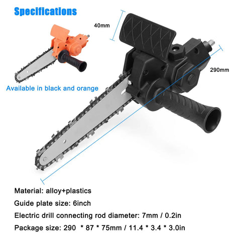 Straight Up Best Electric Chainsaw Attachment Modifies Standard Drills Into A Badass 6 Inch Power Cutter with black handle and orange motor.