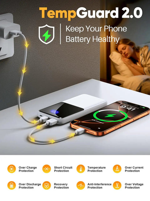 Portable Charger Power Bank With Built In Cable 15000mAh 22.5W charging two devices with TempGuard protection features shown.
