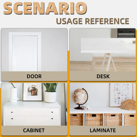 White Edge Banding One And A Half Inch By Twenty Five Feet Melamine Edge Banding With Hot Melt Adhesive Displayed on Door, Desk, Cabinet, and Laminate Scenarios