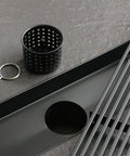 28 Inch Linear Shower Drain With Removable Wedge Wire Grate Matte Black 304 Stainless Steel Rectangle Shower Floor Drain For Bathroom CUPC Certified With Hair Strainer For Fast Easy Drainage showing the grate and hair strainer.