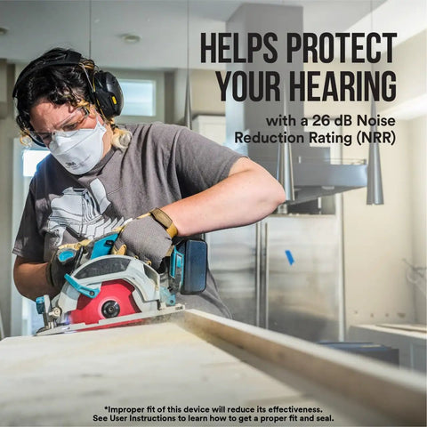 Person wearing WorkTunes Connect Wireless Hearing Protector With Bluetooth Technology 26 DB Noise Reduction Rating in workshop
