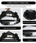 Front view of a large rolling duffle bag open with organized packing.
Side view of expandable wheeled luggage interior with multiple compartments.
Close-up of the dry-wet separation pocket inside the bag.
Installed interior view showing two slots for organizing items.