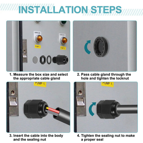 Installation steps for 5 Pack PG29 Nylon Cable Glands Waterproof Cord Grip Connector Kit With Washers Gaskets And Locknut Easy Install 18-25mm