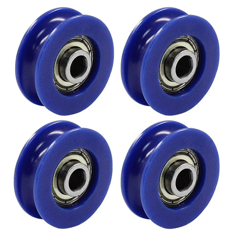 4 Pack U Groove Nylon Pulley Wheels With Guide Rolling Bearings 5x25.5x8.5mm Blue Built To Last Heavy Duty Load Bearing Set For DIY CNC 3D Printer Rails And Cable Management, four blue pulleys