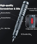 Cordless Mini Electric Screwdriver Set With 28 Magnetic Bits, shown with aluminum alloy body and 3 gear torque controls.