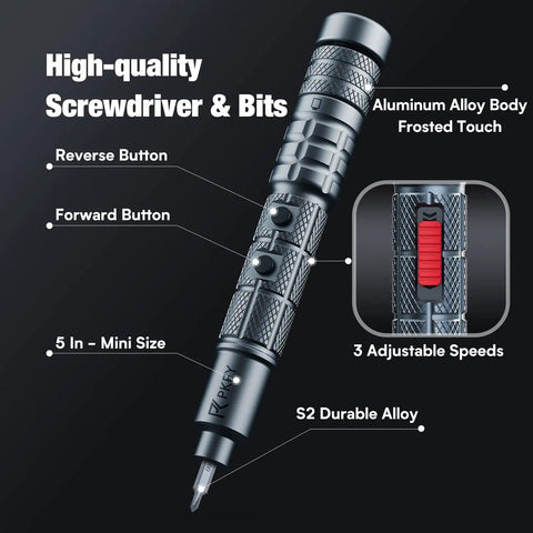 Cordless Mini Electric Screwdriver Set With 28 Magnetic Bits, shown with aluminum alloy body and 3 gear torque controls.