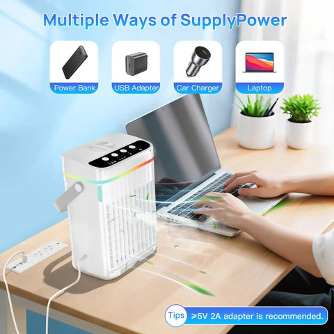 Chill Fast Portable Mini Air Conditioner With 40oz Water Tank Three Fan Speeds Three Cool Mist Modes One To Three Hour Timer