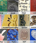 Sample engravings on various materials including MDF, PCB, acrylic, wood, leather, rubber, and more using CNC router kit.
