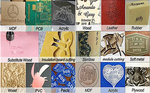 Sample engravings on various materials including MDF, PCB, acrylic, wood, leather, rubber, and more using CNC router kit.