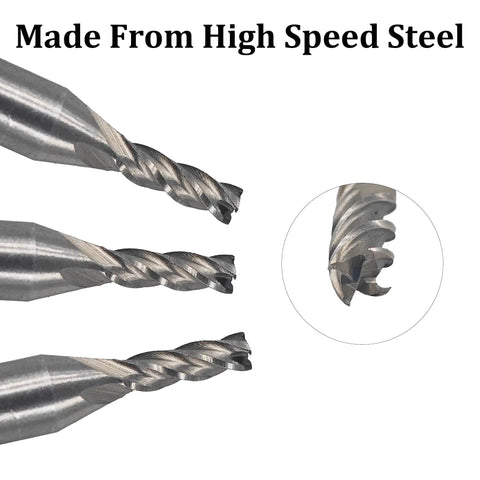 Close-up of 5 Pack 1/8 Inch End Mill Cutter with 1/4 Inch Shank, 4 Flute Precision CNC Milling Bit, high-speed steel