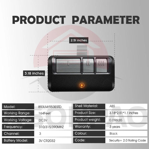 Image of a two pack universal garage door opener remote works with Chamberlain LiftMaster and Sears Craftsman with learn button colors yellow purple red green 953ESTD 893LM 950ESTD 891LM replacement remote showing product parameters and dimensions.