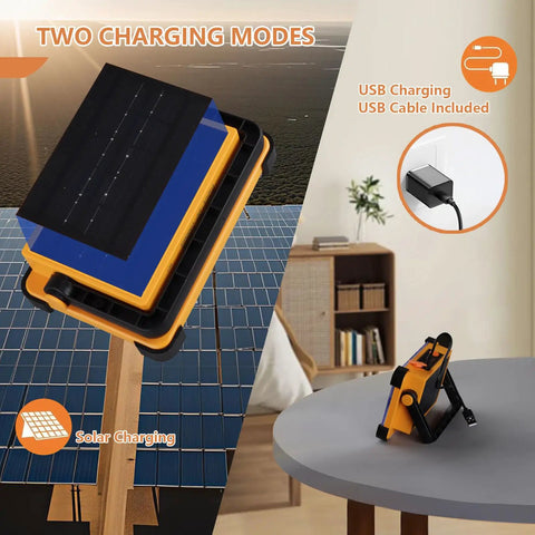 Rechargeable Solar Powered 120W LED Work Light With 144 LEDs And 10000 Lumen Output showing solar and USB charging options
