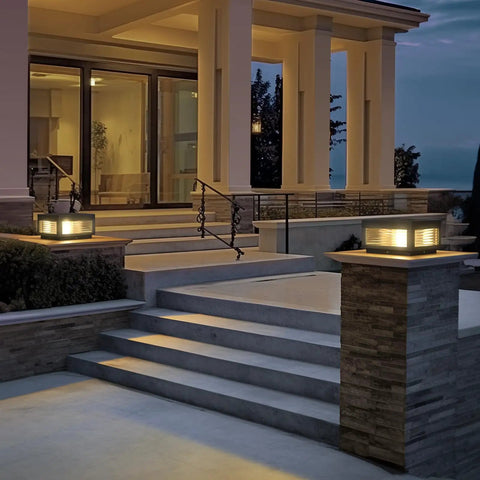 Solar Post Lights 9.84 Inch Pillar Lamps IP54 Waterproof Modern Column Lighting Dusk To Dawn 3000K LED Square Lanterns for Porch