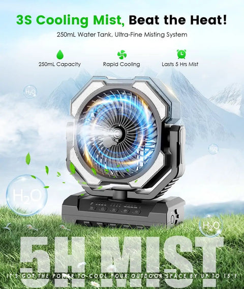 Front view of Camping Misting Fan With 24000mAh Battery, 9oz Water Tank, Built In Light, Hook Mount, Rechargeable Portable Cooling Fan On The Go, Four Speeds And Sleep Mode For Outdoor Gear And Travel Essentials on grass with mist effect