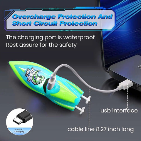 Green Mini Remote Control Boat With 2.4Ghz Remote 360 Degree Rotation Bright LED Lights Built In Rechargeable Battery charging