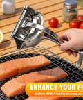 Nisuez Heavy Duty Manual Fruit Juicer Press for Lemons Limes Oranges squeezing juice onto salmon fillets on grill.