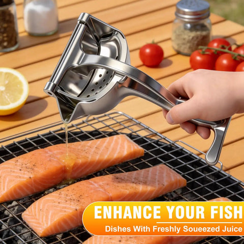 Nisuez Heavy Duty Manual Fruit Juicer Press for Lemons Limes Oranges squeezing juice onto salmon fillets on grill.