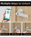 No Sweat Smart Lock Keyless Entry Door Lock Biometric Fingerprint Scanning Electronic Keypad Deadbolt showing smartphone app control and unlocking methods.