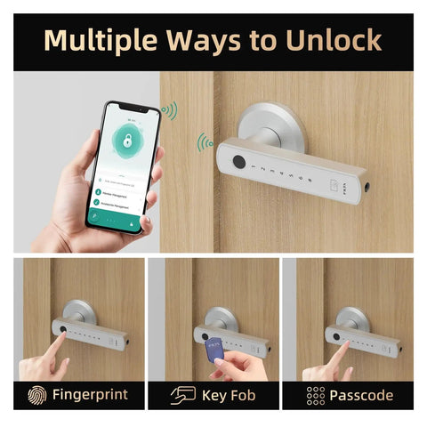 Slick Smart Keyless Entry Door Lock Featuring Lightning Fast Fingerprint Recognition And Totally Seamless Smartphone App Control Electronic Keypad Deadbolt showing multiple unlocking options with mobile app, key fob, and fingerprint.