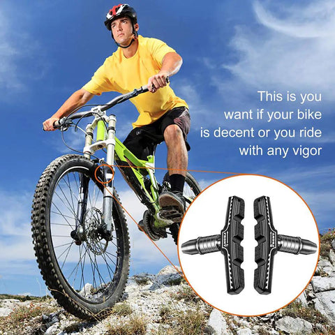 Cyclist on mountain bike with Long Lasting Bike Brake Pads Set With Universal 70mm V Brake Shoes Includes Hex Nut Tools And Shims