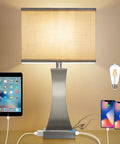 3 Way Dimmable Table Lamp With Touch Control For Bedside Or Desk, Built In USB A And USB C Ports Plus Outlet, brushed nickel and linen