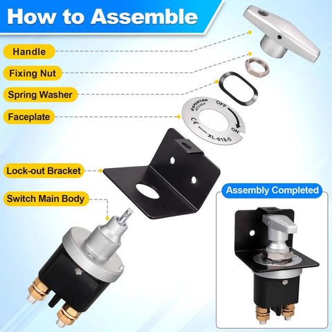 How to Assemble Beefy Heavy Duty Battery Disconnect Switch 12V 24V 36V With Lock Out Plate 500A Continuous 5000A Peak Safe Isolator For Car Boat RV Marine Off Grid Electrical System parts