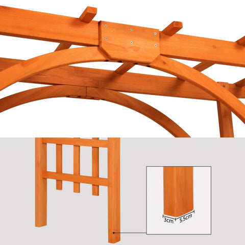 Close-up of 85 Inch Wooden Garden Arch Trellis For Climbing Plants showing joint details and measurements, sturdy brown wood