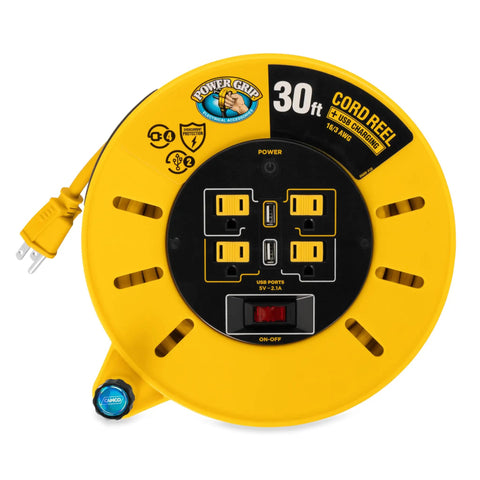 30 Ft RV Extension Cord Reel With 10 Amp Capacity, 125V 1250W, Four 125V Outlets And Two USB Ports, On Off Switch And Built-In Circuit Breaker