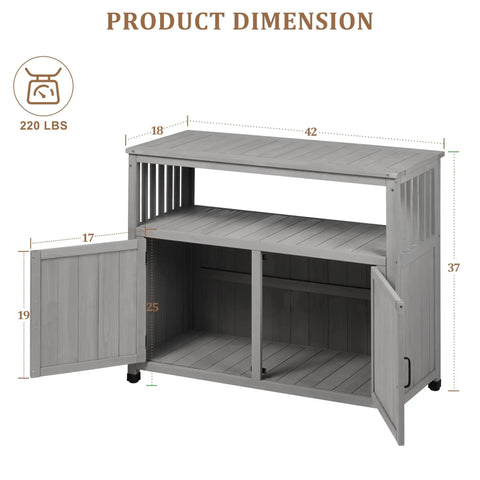 Image showing dimensions of Wooden Patio Bar Table With Storage And Cedar Outdoor Buffet Cabinet Sideboard Serving Station measuring 42x18x37 inches.