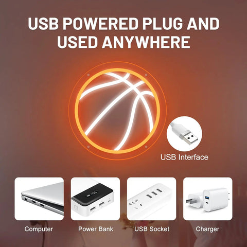 USB powered plug options for neon sign including computer, power bank, USB socket, and charger with glowing basketball sign illustration.