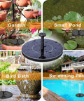 Upgraded Mini Solar Powered Fountain Pump for bird baths and garden ponds, showing use in garden, pond, bath, pool.