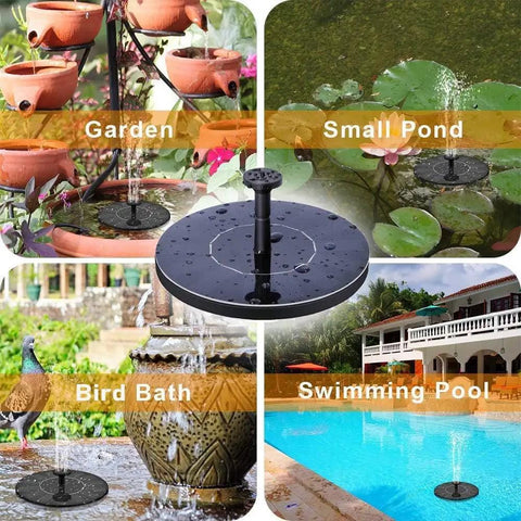 Upgraded Mini Solar Powered Fountain Pump for bird baths and garden ponds, showing use in garden, pond, bath, pool.
