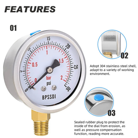 BPSSDI 0-30 psi low-pressure water gauge, 2.5 in dial, 1/4 in NPT lower mount, 304 stainless steel case (front view)
