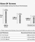 Three sizes of screws for Six Pack Bunny Silver Animal Cabinet Knobs For Cabinets Dressers And Closets, showing lengths in inches and mm.