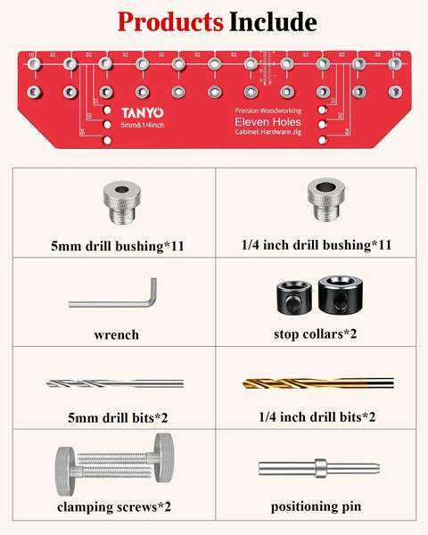 11 Hole Shelf Pin Jig With Adjustable Setup And Fast Clamp Includes One Quarter Inch And Five Millimeter Drill Bits Self Contained Cabinet And Wardrobe Drill Guide Makes Quick Accurate Woodworking Drilling A Breeze product components image