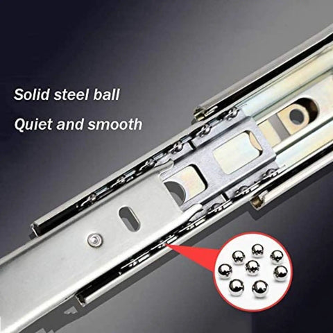 Close-up of Full Extension Soft Close Drawer Slides With Push To Open, Side Mount, Ball Bearing, showcasing smooth solid steel balls.