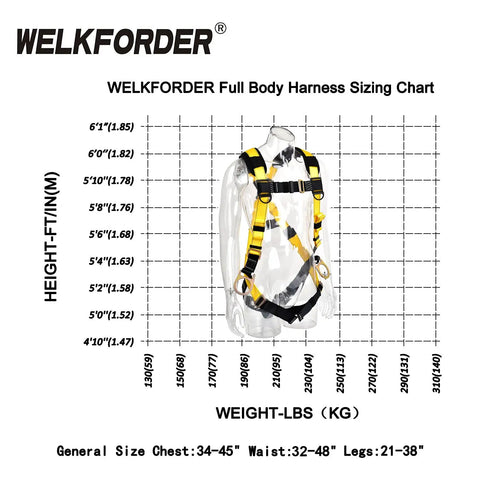 Sizing chart for 3D Ring Full Body Fall Protection Safety Harness For Job Sites, ANSI/ASSE Z359.11-2021 Compliant