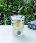 Real Deal Double Wall Glass Tumbler 13 Oz Heat Insulated Water Cup With Built Tough Glass Straw And Secure Lid For Keeping Drinks Ice Cold Or Steaming Hot Straight Fire Quality White Four Pack with lemon slices in water.