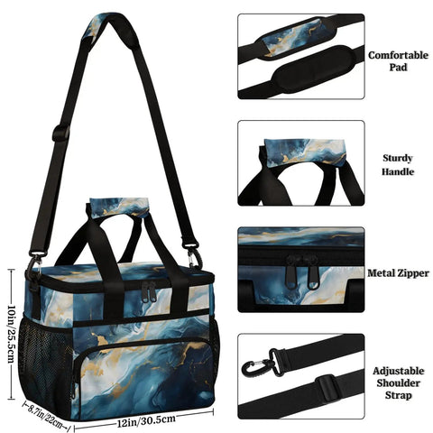 Blue Liquid Insulated Picnic Backpack Lunch Bag For Women And Men, Portable, 12x8.7x10in, showing padded strap and sturdy handle.
