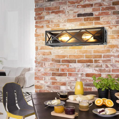 2-Light Industrial Vanity Lighting Fixtures Vintage Brown Metal Farmhouse Wall Sconces for Bathroom mounted on brick wall