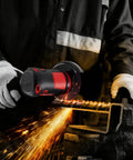 Rivlox cordless 3-inch mini angle grinder with red/black housing cutting metal, sparks flying.