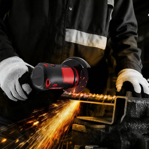 Rivlox cordless 3-inch mini angle grinder with red/black housing cutting metal, sparks flying.