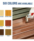 A close-up of a hand applying Dark Walnut Wood Stain And Sealer 32 Oz Quart on wood, showcasing rich color alongside swatches.